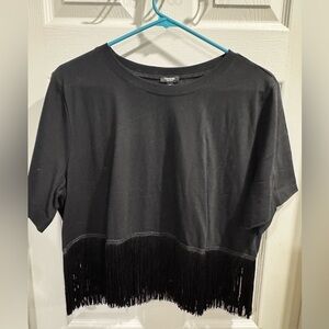 Express Black Fringe Hem Short Sleeve Top